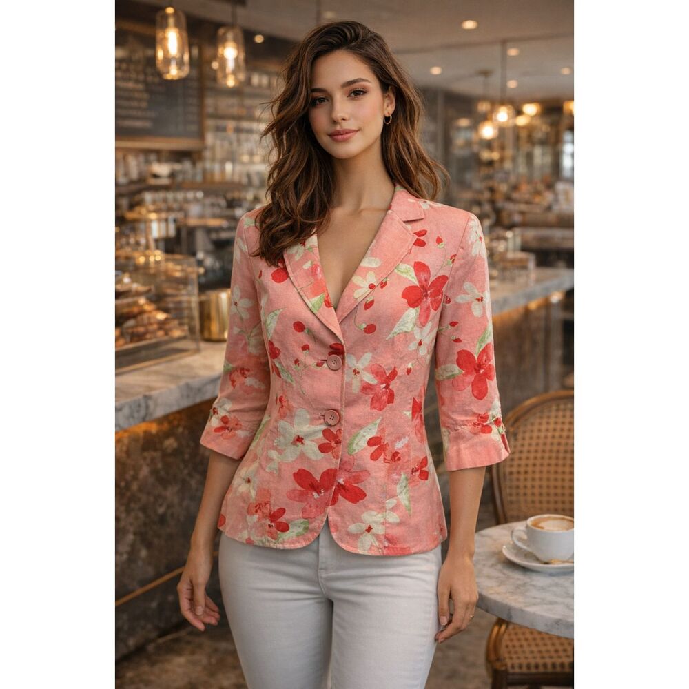 Emma & James – A Liz Claiborne Company Pink Floral Linen Blend Blazer – Size 10